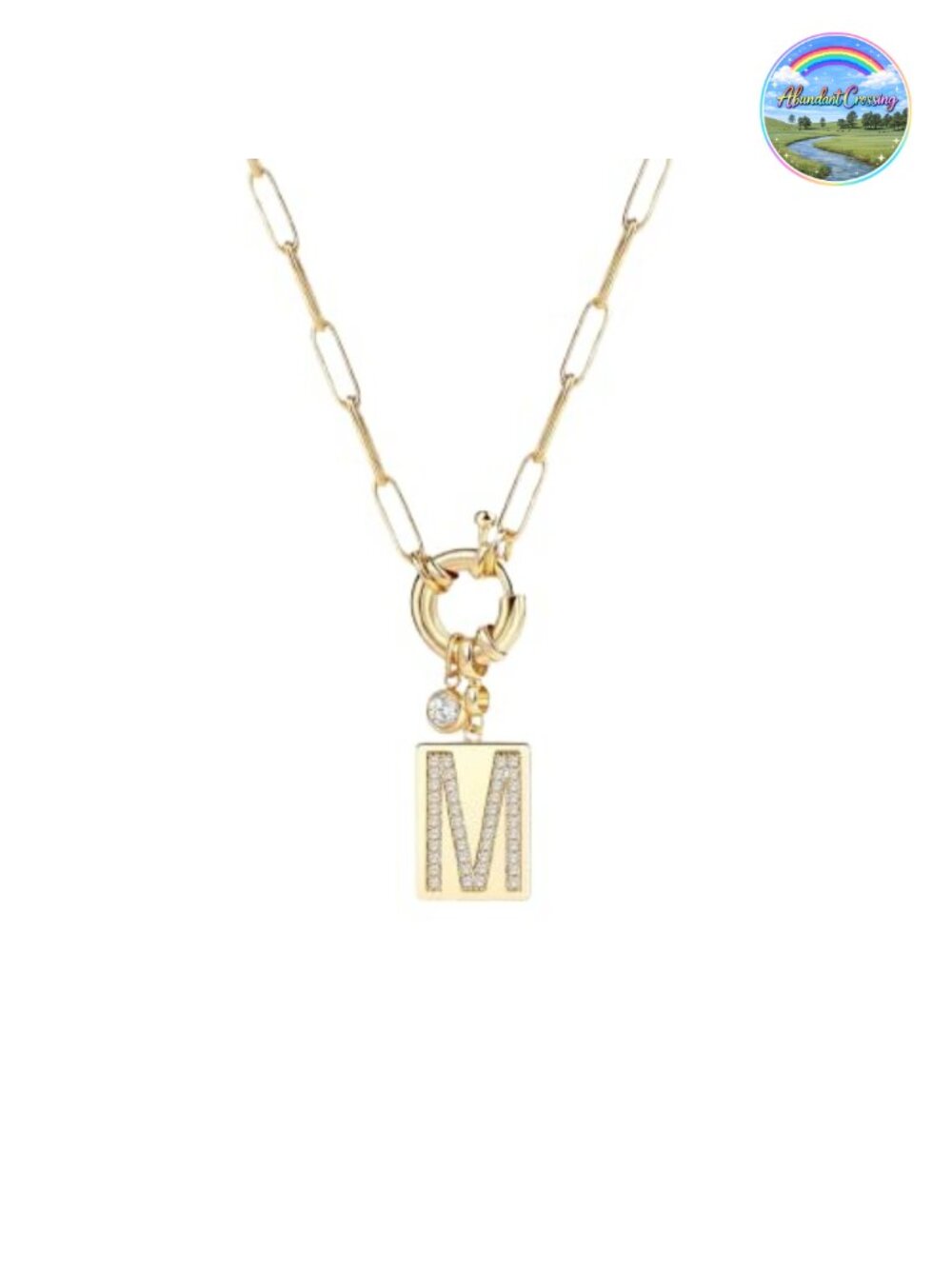 18K Gold Plated Initial Necklace - Pave Cubic Zirconia Pendant, Paperclip Chain